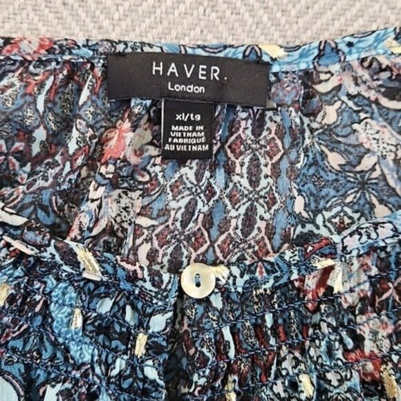 Haver London Crop Top Women's Large Blue Floral Metallic Design Long Sleeve EUC - Picture 6 of 13